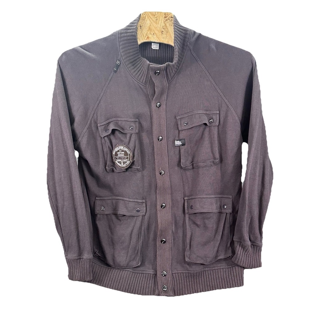 Vtg Rocawear Sweater Men 2XL Brown Snap Military Cargo Utility 90s Cardigan Y2K